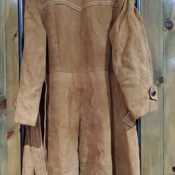 Vintage Tan Caramel Suede Leather Lined Trench Coat 70s 80s Dan Di Modes W Belt - Picture 14 of 16